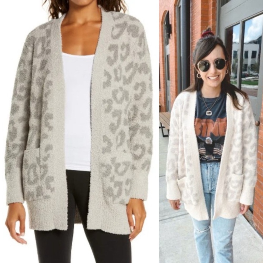 Barefoot Dreams Cozy Chic Leopard Cardigan Sweater Linen Warm Gray S - Picture 2 of 14